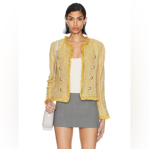 L’AGENCE Tinlee Blazer in Yellow Multi Tweed open front jacket Chanel-like, sz 0 - Picture 3 of 17
